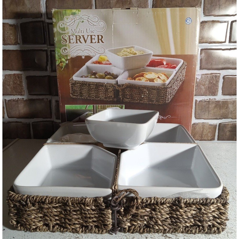 Multi Use Server Woven Basket, 5 Stoneware Bouls, Cotton Liner
